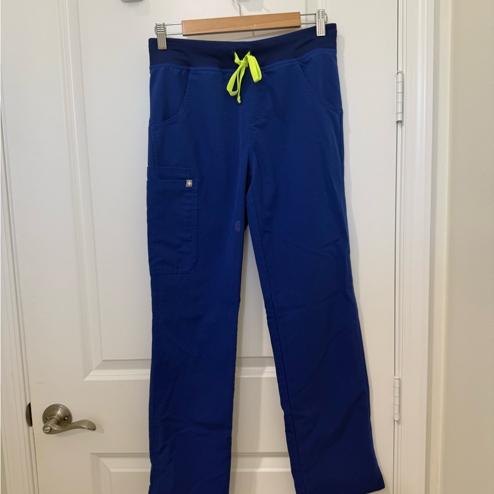 Figs Royal Blue Scrub Pants with Neon Yellow Drawstring